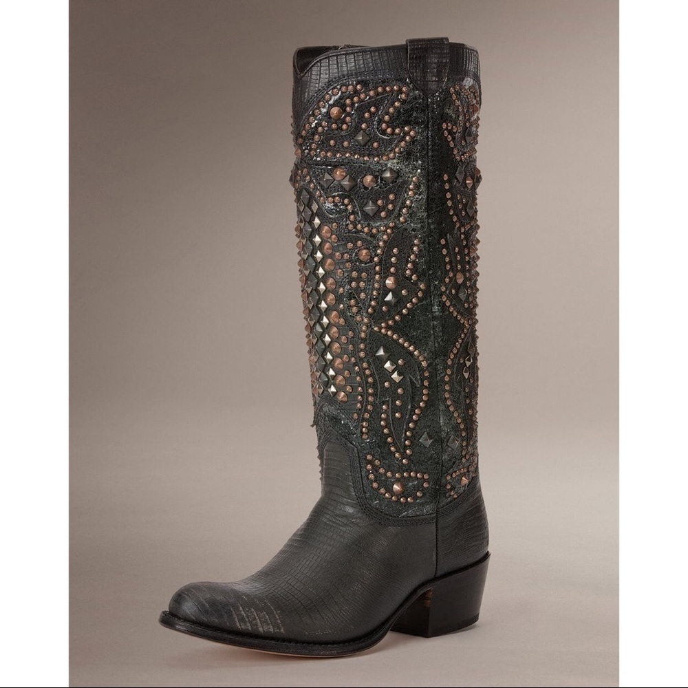 Frye Studded Black Leather Deborah Deco Knee High Tall Boots EUC Size 6.5